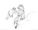 2018 ambiguous_gender anthro butt dinosaur duo feral fur hair harness hyaenid knife larger_ambiguous male mammal monochrome nude paws reptile riding saddle scalie simple_background size_difference sketch smaller_male teeth url white_background zaush 