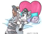  &lt;3 anthro balls bed black_hair breasts brown_hair canid canine canis cowgirl_(disambiguation) cum cum_in_pussy cum_inside facial_hair female hair male male/female mammal nipples pillow procyonid raccoon sex sideburns sketchywolf-13 wolf 