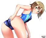  1girl adjusting_clothes adjusting_swimsuit alternate_costume artist_name ass bangs bent_over blush breasts brown_hair cameltoe closed_mouth commentary_request competition_swimsuit cowboy_shot eyebrows_visible_through_hair flying_sweatdrops green_eyes hair_between_eyes highleg highleg_swimsuit highres idolmaster idolmaster_cinderella_girls looking_at_viewer looking_back medium_breasts one-piece_swimsuit short_hair simple_background skindentation solo standing swimsuit tada_riina thighs tsuchimiya wavy_mouth white_background 