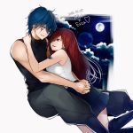  2018 absurdres black_shirt blue_hair blue_skirt blush brown_eyes character_name couple dated erza_scarlet eye_contact facial_mark fairy_tail floating_hair full_moon grey_pants hair_between_eyes hands_clasped hands_together heart highres index_finger_raised jellal_fernandes lens_flare long_hair looking_at_another miniskirt moon own_hands_together pants parted_lips pleated_skirt red_hair shirt skirt sleeveless sleeveless_shirt smile tattoo very_long_hair white_background white_shirt yae_chitokiya 