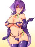  1girl bikini blush bow breasts condom condom_filling elbow_gloves fate/grand_order fate_(series) frilled_bikini frills gloves hair_bow large_breasts long_hair looking_at_viewer nashipasuta navel nippleless_clothes nipples purple_bikini purple_eyes purple_gloves purple_hair purple_legwear scathach_(fate)_(all) scathach_skadi_(fate/grand_order) smile solo swimsuit thighhighs used_condom 