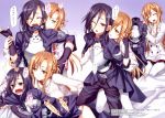  1boy 1girl :d androgynous asuna_(sao) bed_sheet black_hair black_pants braid breastplate breasts brown_hair comic crown_braid elbow_gloves eyes_closed fingerless_gloves gloves hair_between_eyes head_tilt highres kirito_(sao-ggo) kneeling long_hair long_sleeves matsuryuu medium_breasts miniskirt one_eye_closed open_mouth pants pantyhose pleated_skirt purple_gloves red_skirt ribbed_sweater shiny shiny_hair shoulder_armor skirt smile speech_bubble sweater trap very_long_hair white_coat white_legwear white_sweater wrist_grab 