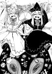  2girls ankle_boots black_dress black_footwear blackcat_(pixiv) boots bow bowtie dated dress dual_persona eyebrows_visible_through_hair eyes_closed fairy fairy_wings flower greyscale hair_between_eyes hat hat_bow highres lily_black lily_white locked_arms monochrome multiple_girls open_mouth petals smile spring_(season) touhou white_dress white_footwear wings 