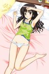  armpits bed blush camisole colorized groin hair_ornament lying mutsuki_raimu navel on_back panties pillow solo to_love-ru underwear yuuki_mikan 