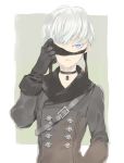  1boy black_blindfold black_choker black_gloves blindfold blue_eyes choker closed_mouth coat commentary_request double-breasted gloves grey_background grey_coat hand_up highres lca906 long_sleeves looking_at_viewer male_focus nier_(series) nier_automata one_eye_covered silver_hair solo upper_body yorha_no._9_type_s 