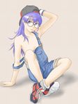  dr._slump eau flat_chest glasses hat long_hair naked_overalls no_nipples norimaki_arale overalls purple_hair solo strap_slip 