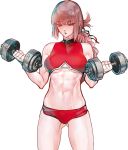  1girl blush braid breasts buruma cowboy_shot dumbbell exercise fate/grand_order fate_(series) fingerless_gloves florence_nightingale_(fate/grand_order) gloves gluteal_fold highres holding large_breasts long_hair midriff muscle navel open_mouth pink_hair single_braid solo sports_bra sportswear sweat weightlifting weights yamanaka_kotetsu 