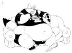  anthro barefoot belly belly_overhang big_belly black_and_white bulge canid canine canis chair_breaking chubby_cheeks claws clothed clothing controller domestic_dog gillpanda husky hyper hyper_belly love_handles male mammal midriff monochrome moobs morbidly_obese navel obese obese_male open_mouth overweight overweight_male remote_control simple_background sitting sofa solo thick_thighs toe_claws torn_clothing white_background wide_hips 