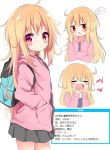  :o bag blonde_hair blush_stickers expressionless hood hood_down hoodie long_hair long_sleeves nagomi_yayado open_clothes open_hoodie original pink_hoodie pleated_skirt red_eyes school_bag skirt sleepy spoken_blush tears translation_request v-shaped_eyebrows yawning 