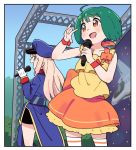  2girls blonde_hair dress green_hair macross macross_frontier microphone multiple_girls music ranka_lee sheryl_nome short_hair singing stage tonmoh vf-25 