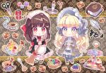  2girls :o apron bangs black_dress black_footwear blonde_hair blueberry blunt_bangs blush_stickers book bookmark brown_hair burning buttons cake candle capelet checkerboard_cookie chibi closed_mouth cookie cup cupcake dress eyebrows_visible_through_hair fire food frilled_apron frills fruit grey_capelet grey_dress grey_legwear ie_(nyj1815) ink inkwell juliet_sleeves kiwi_slice kiwifruit long_hair long_sleeves macaron maid maid_apron maid_headdress matches multiple_girls needle original pantyhose parted_lips pie puffy_sleeves quill red_eyes ribbed_legwear saucer scissors sewing_needle slice_of_cake smile spoon tea teacup teapot thread tiered_tray white_apron white_legwear yellow_eyes 