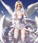  1girl alternate_wings artist_name bare_shoulders blonde_hair blue_background blue_eyes blush breasts bridal_veil cleavage closed_mouth collarbone commentary covered_navel detached_sleeves elbow_gloves english_commentary feathered_wings feathers frills garter_straps gloves hand_on_own_chest highres large_breasts leotard liang_xing looking_at_viewer mercy_(overwatch) multiple_wings outstretched_arm overwatch red_lips short_hair signature skindentation smile solo standing strapless strapless_leotard thighhighs tiara veil waist_cape watermark web_address white_gloves white_legwear white_leotard white_wings wings 