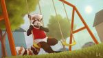  absurd_res ailurid anthro briefs brown_fur clothing cub dessert food fur hair hi_res ice_cream iztli male mammal orange_fur park public red_panda shirt solo swingset t-shirt tongue tongue_out tree underwear white_fur white_hair young 