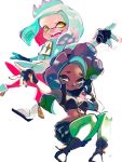  +_+ 2girls :d black_footwear black_gloves black_shorts boots breasts cleavage closed_mouth dark_skin dress fingerless_gloves gloves green_eyes green_hair green_legwear headphones hime_(splatoon) iida_(splatoon) legwear_under_shorts long_hair looking_at_viewer medium_breasts mole mole_under_mouth multicolored_hair multiple_girls octarian open_mouth pantyhose pink_legwear purple_hair shioaji_(siolog) short_hair shorts sleeveless sleeveless_dress smile splatoon splatoon_(series) splatoon_2 suction_cups symbol-shaped_pupils teeth tentacle_hair two-tone_hair v-shaped_eyebrows white_background white_dress white_footwear white_hair yellow_eyes zipper zipper_pull_tab 