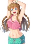  1girl :d aqua_shorts armpits arms_up bare_arms bare_shoulders blue_eyes blush boyshorts braid breasts brown_hair collarbone commentary_request cowboy_shot crop_top crop_top_overhang idolmaster idolmaster_million_live! kamille_(vcx68) kousaka_umi long_hair looking_at_viewer medium_breasts midriff navel open_mouth pink_shirt polka_dot shirt short_shorts shorts sidelocks simple_background sleeveless sleeveless_shirt smile solo sparkle stomach twin_braids undershirt white_background wristband 
