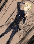  1girl blonde_hair bodysuit boots cellphone corset latex latex_suit phone selfie shiny shiny_clothes skin_tight smartphone standing tamakko 