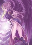  1girl angel_wings blonde_hair blue_eyes boots breasts breath_of_fire breath_of_fire_ii bridal_gauntlets commentary_request dress graphite_(medium) highres knee_boots legs long_hair looking_at_viewer nina_(breath_of_fire_ii) purple_wings side_slit solo traditional_media wanana wings 
