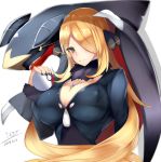  1girl blonde_hair breasts brown_eyes cleavage coat creatures_(company) eyebrows game_freak garchomp gen_4_pokemon jewelry large_breasts long_hair looking_at_viewer matching_hair/eyes mega_stone nail_polish necklace nintendo pokeball pokemon pokemon_(creature) shirona_(pokemon) simple_background smile solo upper_body very_long_hair white_background 