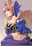  1girl animal_ear_fluff animal_ears bare_shoulders blue_kimono blue_legwear breasts detached_collar detached_sleeves fang fate/extra fate_(series) fox_ears fox_girl fox_tail geta grey_background japanese_clothes kimono large_breasts open_mouth pink_hair short_kimono sitting solo tail tamamo_(fate)_(all) tamamo_no_mae_(fate) tangamja thighhighs twintails wariza wide_sleeves yellow_eyes 