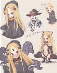  1girl abigail_williams_(fate/grand_order) absurdres animal_ears balloon bandaid_on_forehead bangs bare_shoulders belt black_bow black_dress black_gloves black_jacket black_legwear black_leotard blonde_hair blue_eyes blush bow cat_ears cat_tail center_opening closed_mouth cosplay crossed_bandaids dress fate/grand_order fate/kaleid_liner_prisma_illya fate_(series) forehead full-face_blush fur_collar fur_trim gloves gyaito hair_bow hair_bun hat heroic_spirit_traveling_outfit high_collar highres illyasviel_von_einzbern illyasviel_von_einzbern_(cosplay) jacket key keyhole leotard long_hair long_sleeves looking_at_viewer multiple_views navel open_mouth orange_bow parted_bangs red_eyes simple_background sleeves_past_fingers sleeves_past_wrists smile squatting staff tail tentacle thighhighs thighs white_hair witch_hat 