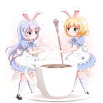  2girls animal_ears apron bangs black_footwear blonde_hair blue_dress blue_eyes blue_hair blush bunny_ears closed_mouth coffee commentary_request cup dress eighth_note eye_contact eyebrows_visible_through_hair frilled_apron frills gochuumon_wa_usagi_desu_ka? goth_risuto green_eyes hair_between_eyes hair_ornament hairband holding holding_spoon kafuu_chino kirima_sharo kneehighs long_hair looking_at_another milk minigirl multiple_girls musical_note puffy_short_sleeves puffy_sleeves saucer shoes short_sleeves simple_background smile spoon standing striped striped_legwear teacup very_long_hair white_apron white_background white_hairband wrist_cuffs x_hair_ornament 