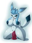  2019 anthro areola breasts digital_media_(artwork) dildo dildo_sitting eeveelution female glaceon hi_res navel nintendo nipples open_mouth penetration pok&eacute;mon pok&eacute;mon_(species) pok&eacute;morph pussy pussy_juice sex_toy signature solo suirano thick_thighs video_games 