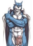  abs absurd_res anthro balls biceps blue_fur bomb_(artist) canid canine canis clothing doggie_kruger domestic_dog fur hi_res male mammal muscular muscular_male penis power_rangers smile solo 