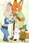  &lt;3 anthro blush canid canine clothed clothing disney duo female food fox fully_clothed fur green_eyes grey_fur hi_res judy_hopps lagomorph larger_male long_ears male mammal monmokamoko moomintroll multicolored_fur nick_wilde orange_fur pawpsicle police popsicle purple_eyes rabbit size_difference snufkin the_moomins zootopia 