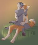  anthro bed biting_lip blush canid canine canis domestic_dog duo embrace eyes_closed male male/male mammal nude on_bed on_lap pawpads reservoirdog_(artist) sitting smile 