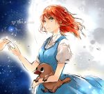  1girl arukas blue_dress copyright_name dress full_moon green_eyes hands holding holding_stuffed_animal medium_hair moon night night_sky red_hair river_wyles short_sleeves sky smile solo_focus standing star_(sky) starry_sky stuffed_animal stuffed_toy to_the_moon 