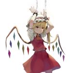  1girl blonde_hair chained_wrists commentary_request cowboy_shot crystal expressionless flandre_scarlet hands_up hat hat_ribbon long_hair mob_cap red_eyes red_ribbon red_skirt red_vest ribbon shirt side_ponytail simple_background skirt solo touhou vampire vest vhznxp white_background white_shirt wings 