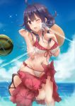  1girl beach bikini blue_sky breasts cleavage cloud collarbone cowboy_shot day food frilled_bikini frills front-tie_top fruit groin hat hat_removed headwear_removed horizon k_jie kantai_collection low_twintails medium_breasts navel ocean outdoors purple_hair red_eyes remodel_(kantai_collection) ryuuhou_(kantai_collection) sarong sky solo splashing squirting standing standing_on_one_leg sun_hat swimsuit taigei_(kantai_collection) twintails water watermelon 