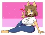  &lt;3 anthro big_breasts blue_eyes breasts brown_hair canid canine canis clothing domestic_dog female hair hi_res jeans june_(jinu) looking_at_viewer mammal one_eye_closed open_mouth pants shinyillusionz shirt sitting smile solo t-shirt thick_thighs wink 