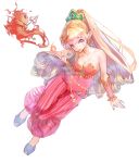  1girl bare_shoulders blonde_hair blue_eyes breasts cleavage earrings flower gem hair_ornament harem_pants headband hoop_earrings jewelry long_hair looking_at_viewer magic medium_breasts pants pointy_ears ponytail primm salamander_(seiken_densetsu) seiken_densetsu seiken_densetsu_2 smile ya99ru 