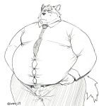  annoyed anthro belly belt big_belly black_and_white canid canine canis clothed clothing eye_scar fur iwano male mammal monochrome moobs necktie obese obese_male overweight overweight_male scar simple_background solo straining_buttons sweat sweatdrop tight_clothing white_background 