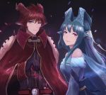  1boy 1girl armor blue_eyes blue_hair blush breasts cape dragon earrings elbow_gloves eliwood_(fire_emblem) fire_emblem fire_emblem:_rekka_no_ken gloves hair_ornament headband jewelry leonmandala long_hair looking_at_viewer mamkute medium_breasts monster_hunter ninian nintendo red_hair scales short_hair simple_background smile sword weapon 