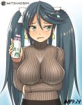  1girl alternate_costume artist_name blue_eyes blue_hair bottle breasts hair_ribbon holding holding_bottle hotaryuso isuzu_(kantai_collection) kantai_collection large_breasts long_hair looking_away looking_to_the_side milk milk_bottle mitsukoshi_(department_store) ribbed_sweater ribbon solo sweatdrop sweater turtleneck turtleneck_sweater twintails upper_body 