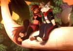  2019 4_toes akitamonster anthro blue_eyes clothed clothing day detailed_background digital_media_(artwork) domestic_cat duo felid feline felis girly kingdom_hearts male mammal navel outside red_eyes sitting smile square_enix toes video_games 