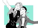  2boys ^_^ ake_(harlequin) blazer bow bowtie closed_eyes eyes_closed greyscale hair_slicked_back hand_on_another&#039;s_hip hand_on_another&#039;s_shoulder heart-shaped_mouth jacket katsuki_yuuri male_focus monochrome multiple_boys open_mouth screentones smile viktor_nikiforov yuri!!!_on_ice 