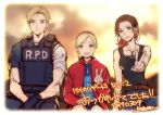  1boy 2girls bandage blonde_hair blood blue_eyes blush brown_hair claire_redfield denim fingerless_gloves gloves hairband highres jacket kotatsu_(g-rough) leon_s_kennedy long_hair looking_at_viewer multiple_girls police police_uniform ponytail resident_evil resident_evil_2 school_uniform sherry_birkin short_hair simple_background smile uniform v 