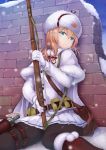  1girl against_wall black_legwear blonde_hair blue_eyes bolt_action boots bottle brick_wall brown_footwear fur_hat fur_trim girls_frontline gloves gun hat holding holding_gun holding_weapon holster knee_boots long_hair long_sleeves looking_at_viewer molotov_cocktail mosin-nagant mosin-nagant_(girls_frontline) oonaka_ito outdoors pantyhose pleated_skirt rifle shawl shirt skirt smile snow snowing solo thigh_holster ushanka weapon white_gloves white_shirt white_skirt 