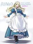  1girl :d adapted_costume alternate_costume apron aqua_eyes ascot atago_(kantai_collection) bangs black_legwear blonde_hair blue_dress blue_footwear breasts character_name dress enmaided frilled_apron frilled_sleeves frills full_body juliet_sleeves kantai_collection large_breasts legs_together long_dress long_hair long_sleeves looking_at_viewer maid maid_apron maid_headdress mary_janes open_mouth outstretched_arms pantyhose petticoat puffy_sleeves shoes simple_background smile solo standing tatsumi_ray white_apron white_background 