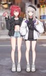  2girls aa-12_(girls_frontline) ahoge alternate_costume bangs bare_legs beret bike_shorts black_hat black_jacket black_nails black_shorts blue_eyes blue_shorts blunt_bangs blurry blurry_background blush bright_pupils candy casual coat collar commentary contemporary crop_top day denim denim_shorts depth_of_field drawstring eyebrows_visible_through_hair eyes_closed facing_viewer food full_body girls_frontline grin hand_in_pocket hand_on_another&#039;s_shoulder hat highres hood hood_down hoodie jacket jewelry leather leather_jacket lollipop long_hair long_sleeves looking_at_viewer mp7_(girls_frontline) multiple_girls nail_polish navel necklace open_clothes open_coat open_jacket outdoors parted_lips ponytail puffy_long_sleeves puffy_sleeves red_hair shoes short_hair shorts signature silver_hair smile sneakers socks standing stomach teeth twitter_username unzipped v vvy white_coat white_footwear white_legwear zipper_pull_tab 
