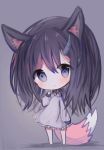  1girl animal_ear_fluff animal_ears bangs barefoot blush brown_background brown_hair chibi closed_mouth collared_dress cottontailtokki dress eyebrows_visible_through_hair fox_ears fox_girl fox_tail frilled_dress frills full_body grey_dress hair_between_eyes hand_up head_tilt highres horns long_hair long_sleeves looking_at_viewer original purple_eyes simple_background sleeves_past_wrists solo standing tail very_long_hair 