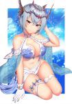  1girl bangs bare_shoulders bikini blue_hair blue_sky blush border breasts cleavage closed_mouth collarbone gloves granblue_fantasy hair_between_eyes hand_in_hair highres kayase large_breasts looking_at_viewer macula_marius navel pink_eyes sash short_hair sitting sky smile solo swimsuit thigh_strap thighlet thighs tiara wariza white_bikini white_border white_gloves 