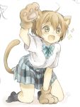  1girl :d all_fours animal_ears black_legwear blue_bow blue_neckwear bow bowtie brown_hair cat_day cat_ears cat_tail fang gloves green_eyes hair_between_eyes hand_up haru_hina hoshizora_rin love_live! love_live!_school_idol_project no_shoes open_mouth otonokizaka_school_uniform paw_gloves paws school_uniform short_hair short_sleeves signature skirt smile solo sparkle striped striped_bow striped_neckwear tail 