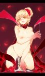  1girl 47_(pixiv) blonde_hair breast_hold breasts choker collarbone evelynn flower flower_petals hair_bun hair_flower hair_ornament highres large_breasts league_of_legends letterboxed masturbation navel nipples nude object_insertion pussy pussy_juice red_background rose saliva saliva_trail solo staff tentacle tongue tongue_out yellow_eyes 