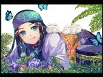  1girl ainu ainu_clothes araiguma_(gomipanda123) asirpa bandanna bird black_hair blue_eyes blue_gloves border bug butterfly chick earrings fingerless_gloves flower gloves golden_kamuy hat highres hoop_earrings insect jewelry licking_lips long_hair lying on_stomach plant solo straight_hair tongue tongue_out wide_sleeves 