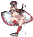  1girl areolae blue_eyes bottomless breasts condom full_body gloves hat highres huge_breasts jacket large_breasts long_hair looking_at_viewer masao military military_hat military_jacket nipples open_clothes open_jacket orange_hair original sitting solo sword weapon 