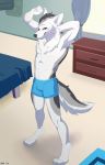  anthro bulge canid canine canis clothed clothing fight_(artist) hi_res looking_at_viewer male mammal smile solo standing topless wolf 